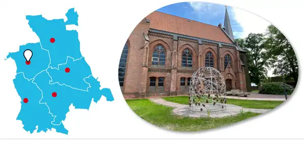 Skulpturen Jakobus und Bienenkorb in Wietzendorf Karte mit Lagepunkt und Foto der Maßnahme