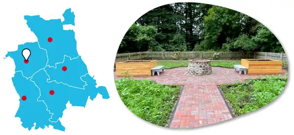 Museumshof Peetshof: Neugestaltung des Bauerngartens Karte mit Lagepunkt und Foto der Maßnahme