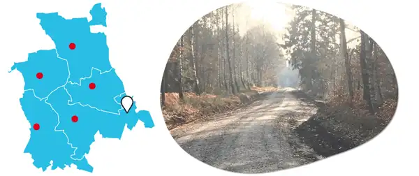 Optimierung des Postweges Südheide in der Gemarkung Unterlüß (3. Bauabschnitt) Karte mit Lagepunkt und Foto der Maßnahme