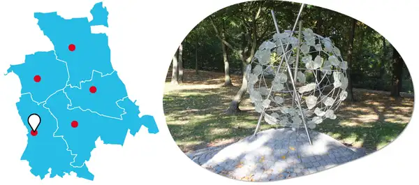 Weltkugel auf dem Weg des Friedens Karte mit Lagepunkt und Foto der Maßnahme