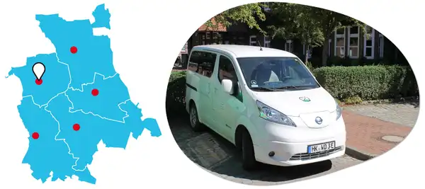 E-Teilauto Karte mit Lagepunkt und Foto der Maßnahme