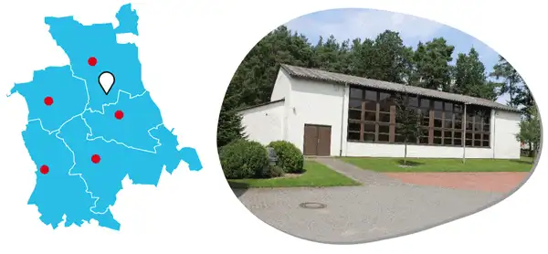 Mehrzweckhalle in Trauen Karte mit Lagepunkt und Foto der Maßnahme